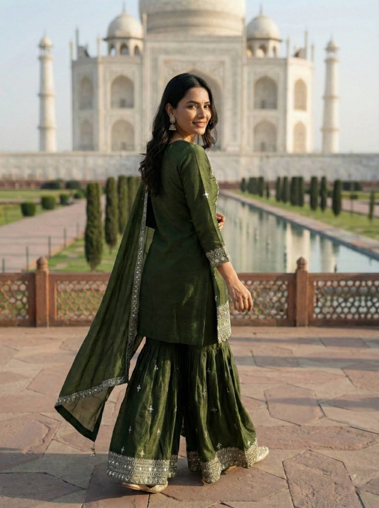 Olive Green GMY Silk Embroidered Sharara Set with Mirror Work and Lace Border Dupatta