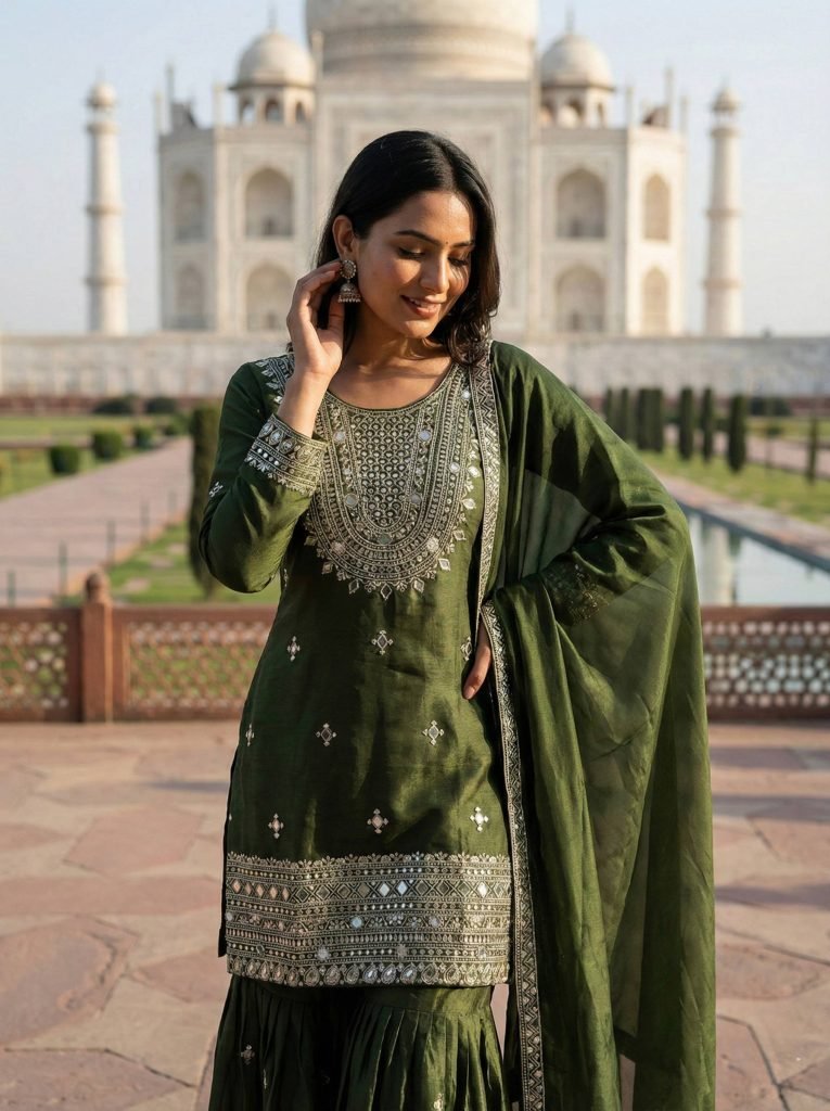 Olive Green GMY Silk Embroidered Sharara Set with Mirror Work and Lace Border Dupatta