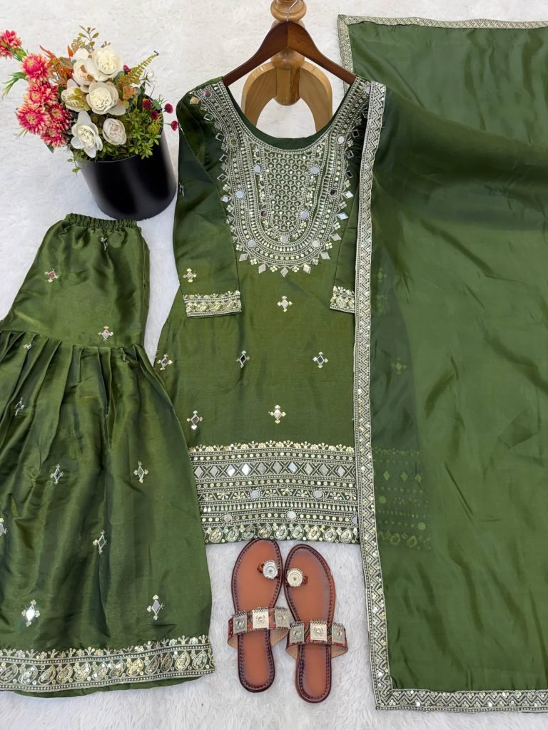 Olive Green GMY Silk Embroidered Sharara Set with Mirror Work and Lace Border Dupatta