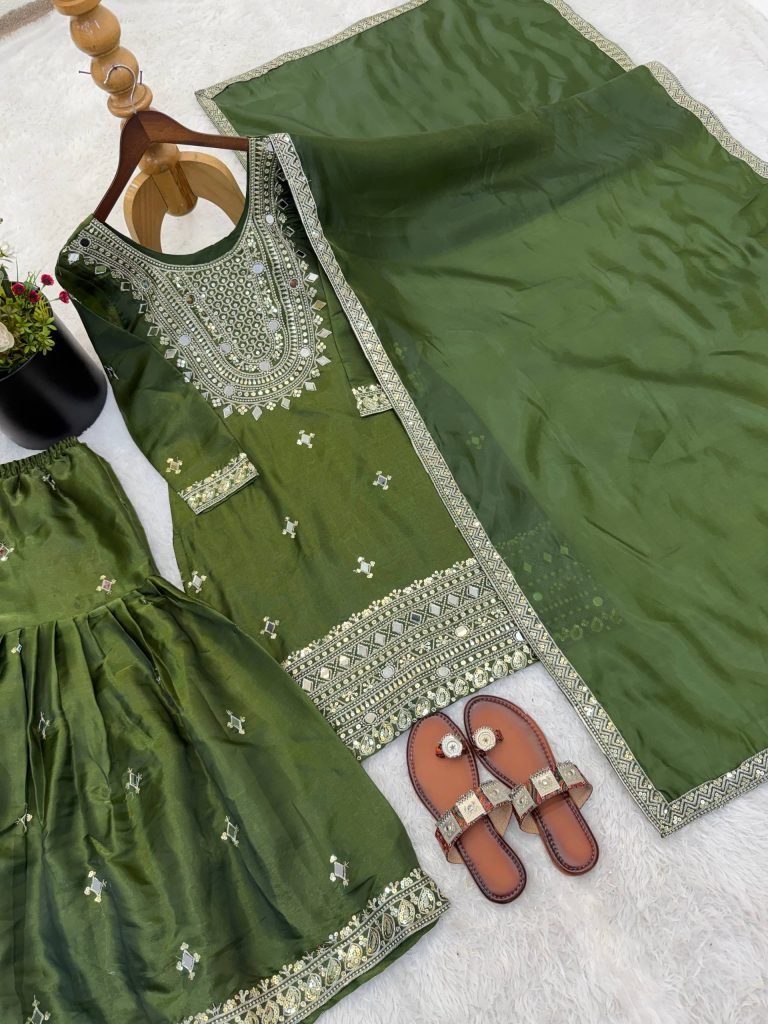 Olive Green GMY Silk Embroidered Sharara Set with Mirror Work and Lace Border Dupatta