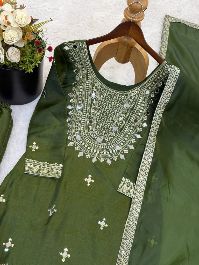 Olive Green GMY Silk Embroidered Sharara Set with Mirror Work and Lace Border Dupatta