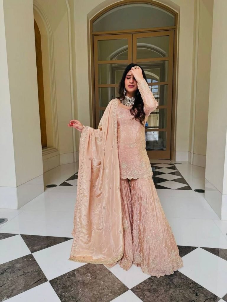 Soft Pink Rose JMC Silk Embroidered Top and Sharara Set with Matching Dupatta
