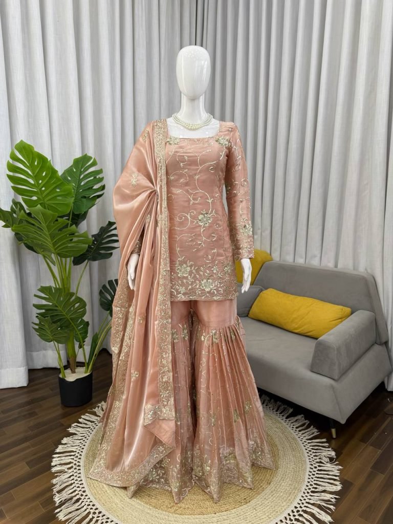 Soft Pink Rose JMC Silk Embroidered Top and Sharara Set with Matching Dupatta