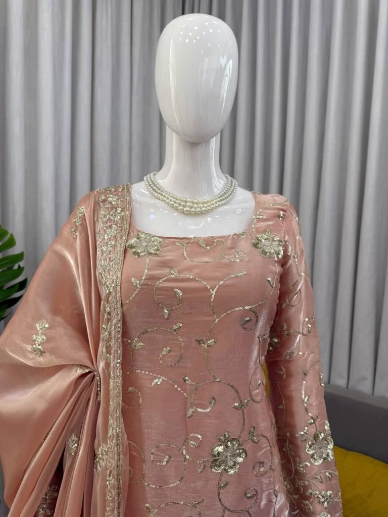 Soft Pink Rose JMC Silk Embroidered Top and Sharara Set with Matching Dupatta