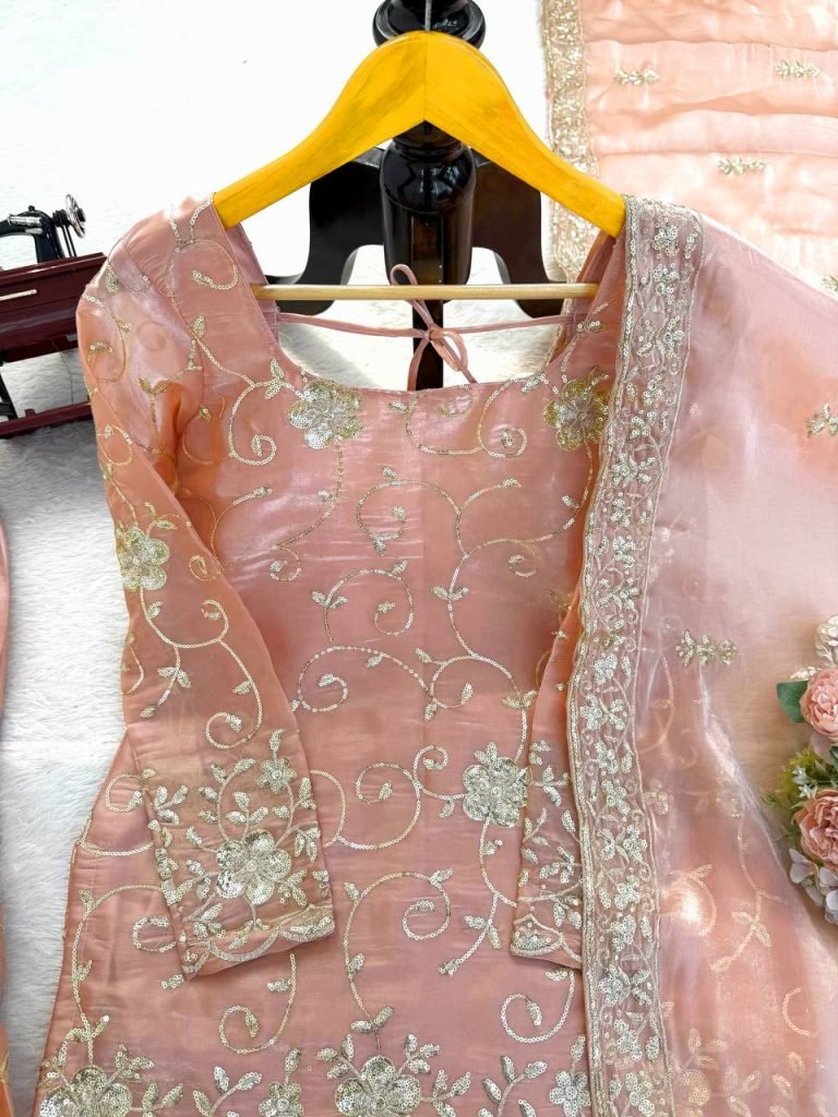 Soft Pink Rose JMC Silk Embroidered Top and Sharara Set with Matching Dupatta