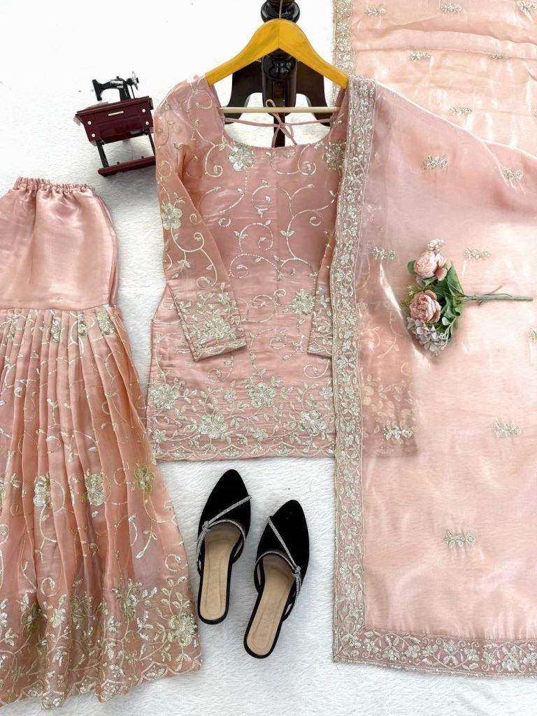 Soft Pink Rose JMC Silk Embroidered Top and Sharara Set with Matching Dupatta