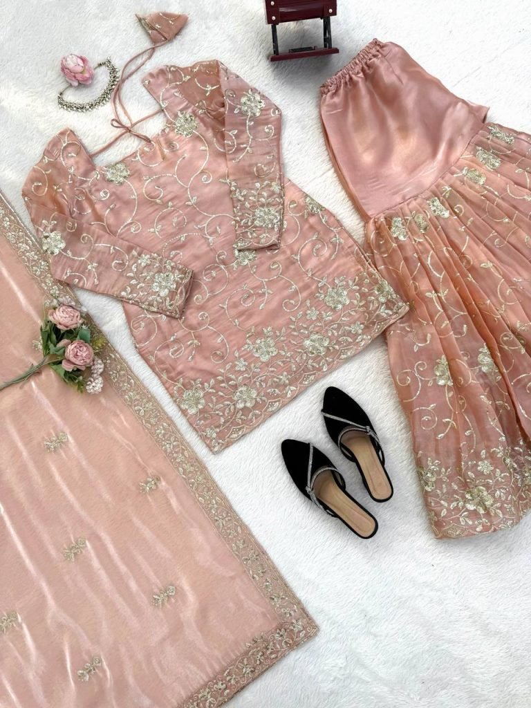 Soft Pink Rose JMC Silk Embroidered Top and Sharara Set with Matching Dupatta