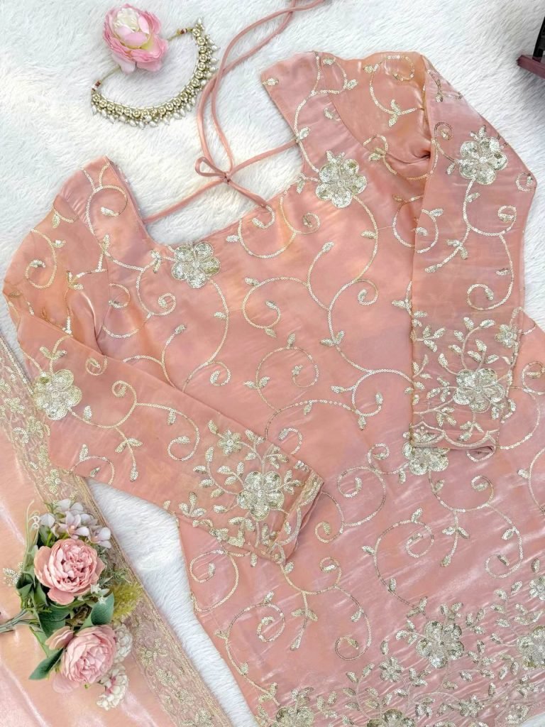 Soft Pink Rose JMC Silk Embroidered Top and Sharara Set with Matching Dupatta