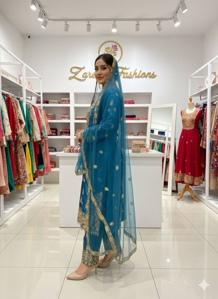 Peacock Blue Chinon Padded Sequence Embroidered Top and Plazzo Set with Butterfly Net Dupatta