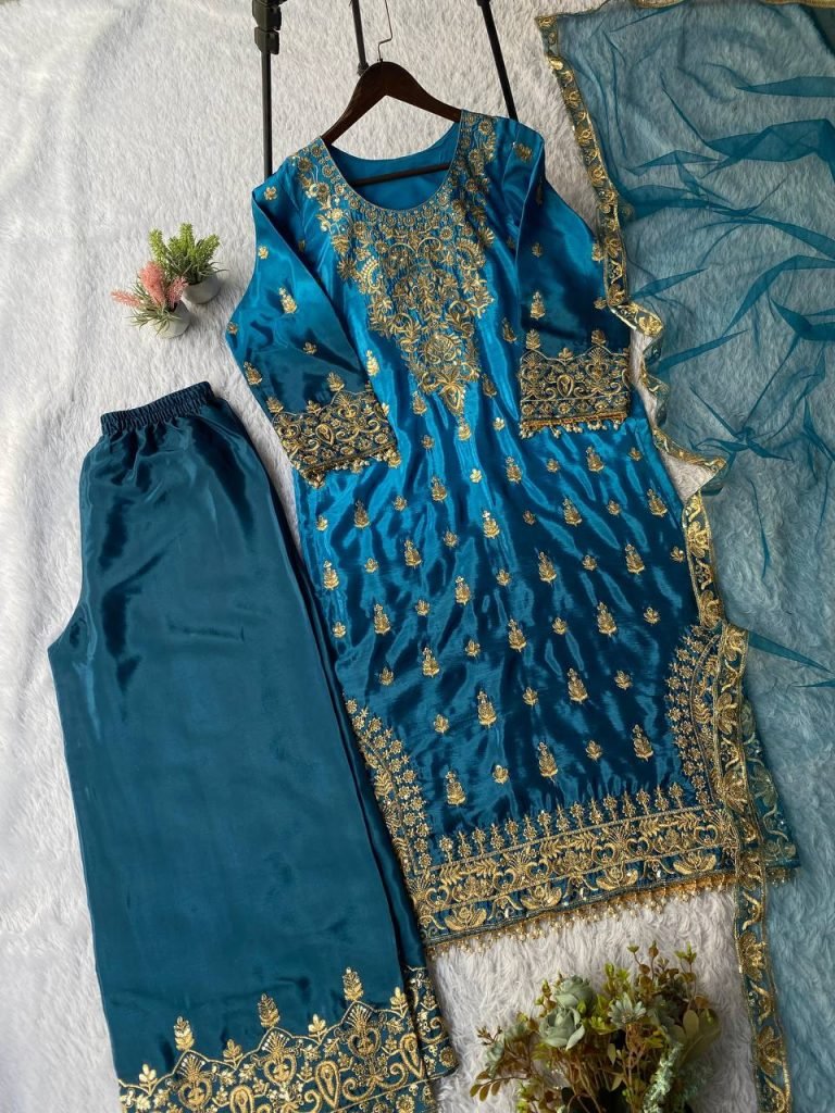 Peacock Blue Chinon Padded Sequence Embroidered Top and Plazzo Set with Butterfly Net Dupatta