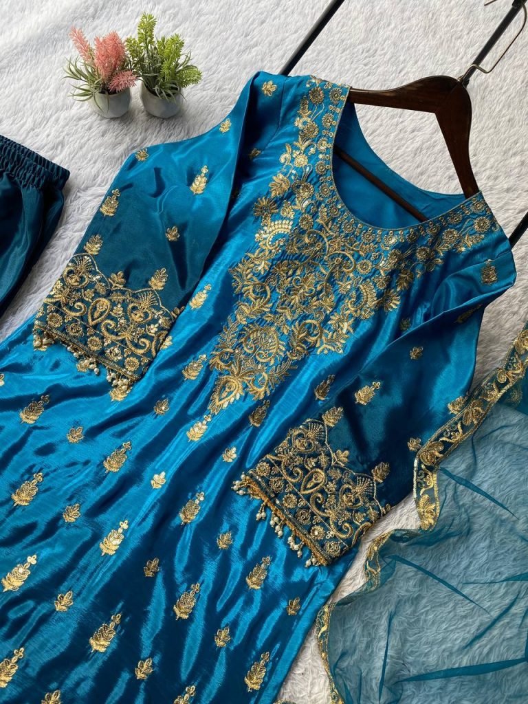 Peacock Blue Chinon Padded Sequence Embroidered Top and Plazzo Set with Butterfly Net Dupatta