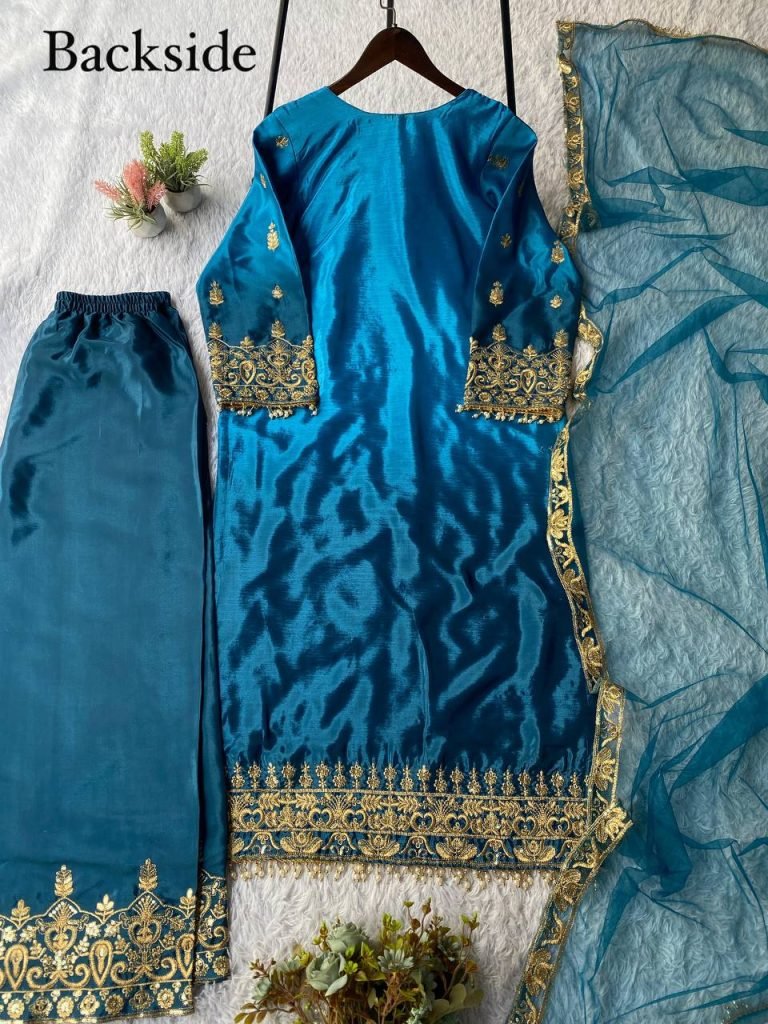 Peacock Blue Chinon Padded Sequence Embroidered Top and Plazzo Set with Butterfly Net Dupatta