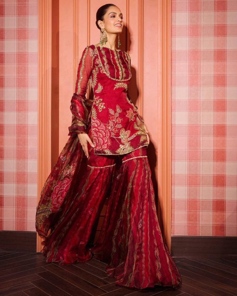 Riwaayat Red Soft Organza Short Kurti and Sharara Set with Mirror Work Dupatta