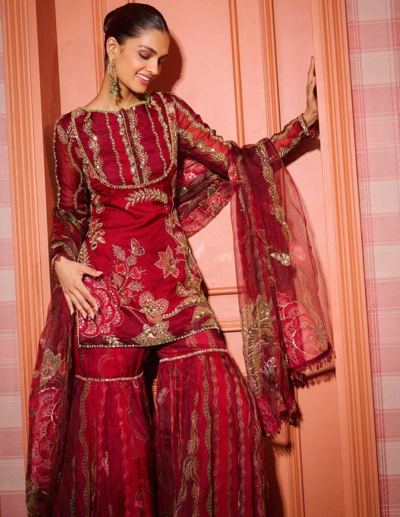 Riwaayat Red Soft Organza Short Kurti and Sharara Set with Mirror Work Dupatta