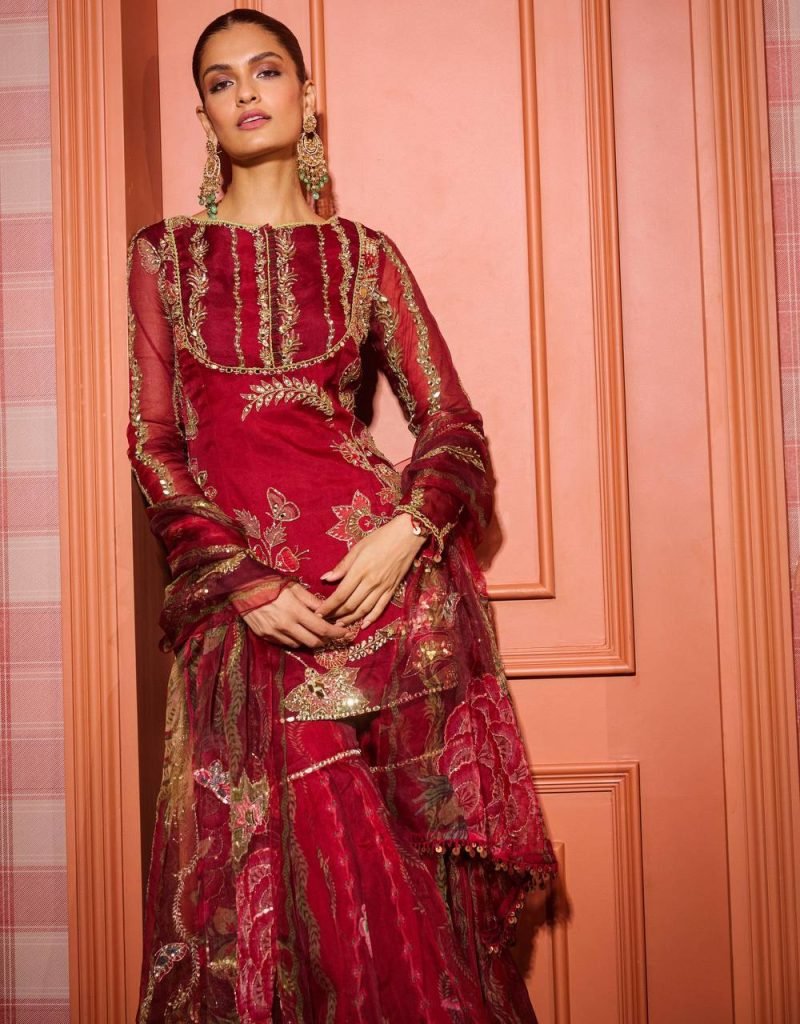 Riwaayat Red Soft Organza Short Kurti and Sharara Set with Mirror Work Dupatta