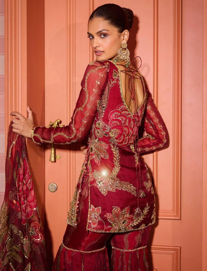Riwaayat Red Soft Organza Short Kurti and Sharara Set with Mirror Work Dupatta