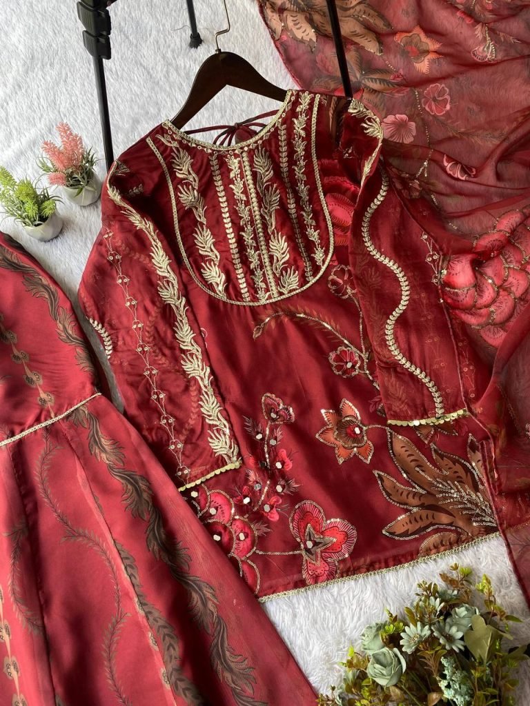 Riwaayat Red Soft Organza Short Kurti and Sharara Set with Mirror Work Dupatta