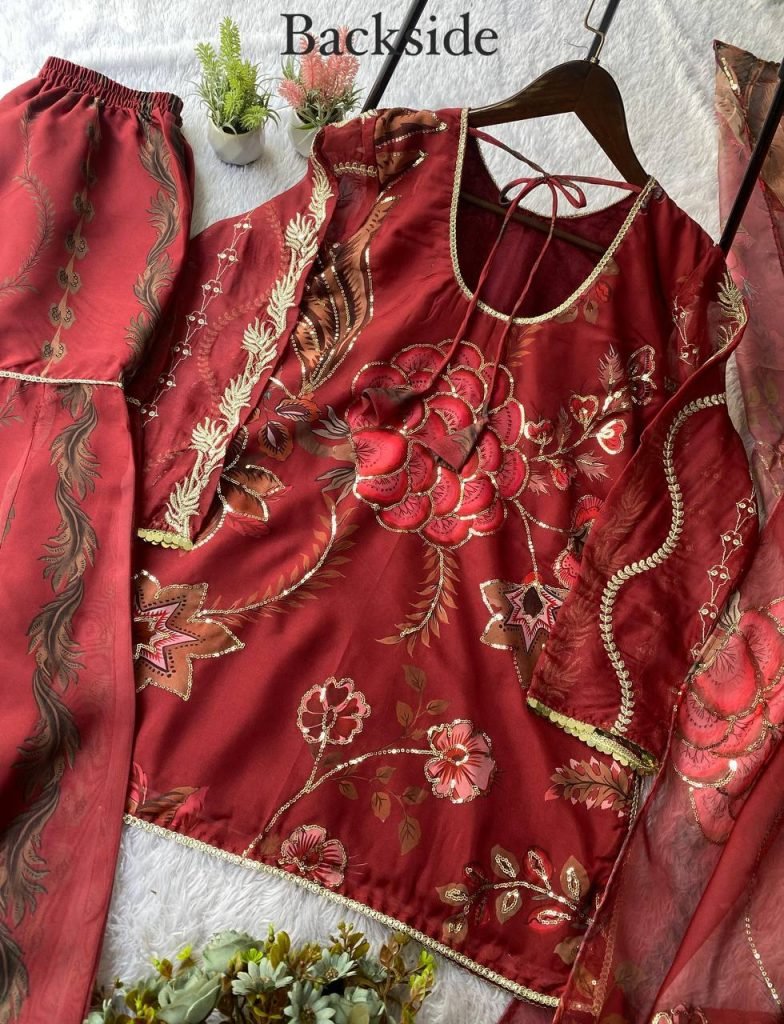 Riwaayat Red Soft Organza Short Kurti and Sharara Set with Mirror Work Dupatta