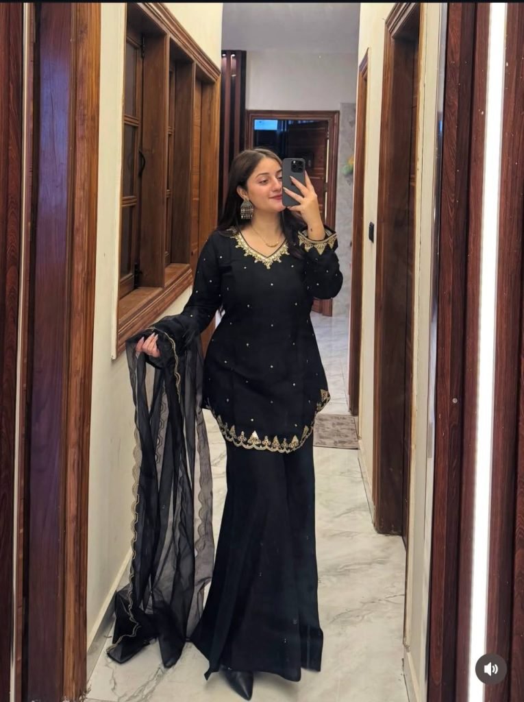 Midnight Black Roman Silk Embroidered Top and Plazzo Set with Matching Dupatta