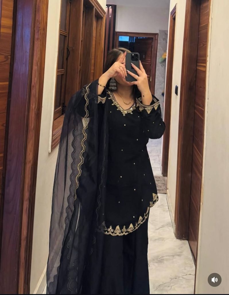 Midnight Black Roman Silk Embroidered Top and Plazzo Set with Matching Dupatta