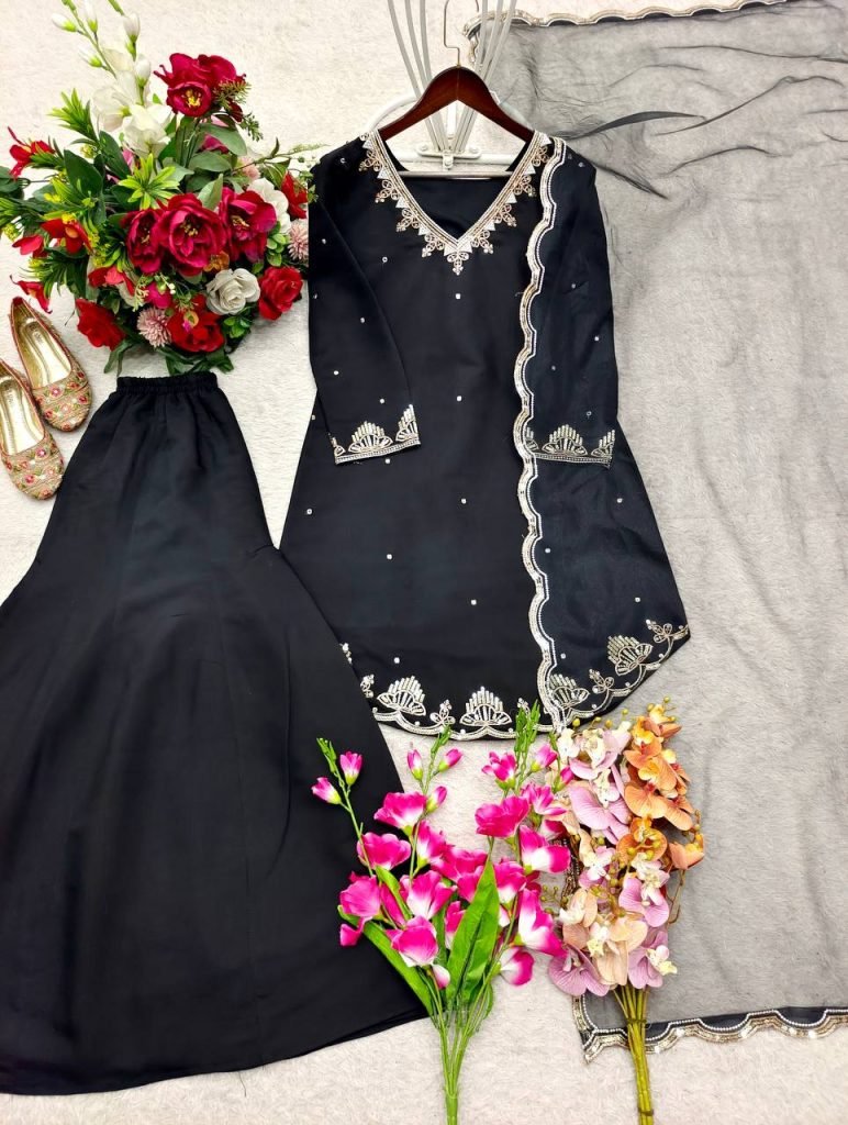 Midnight Black Roman Silk Embroidered Top and Plazzo Set with Matching Dupatta