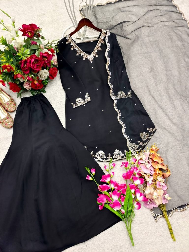 Midnight Black Roman Silk Embroidered Top and Plazzo Set with Matching Dupatta
