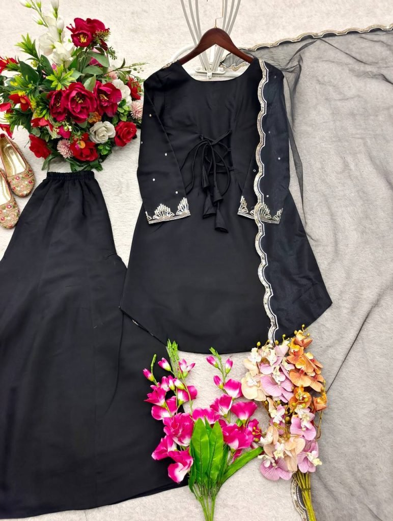 Midnight Black Roman Silk Embroidered Top and Plazzo Set with Matching Dupatta