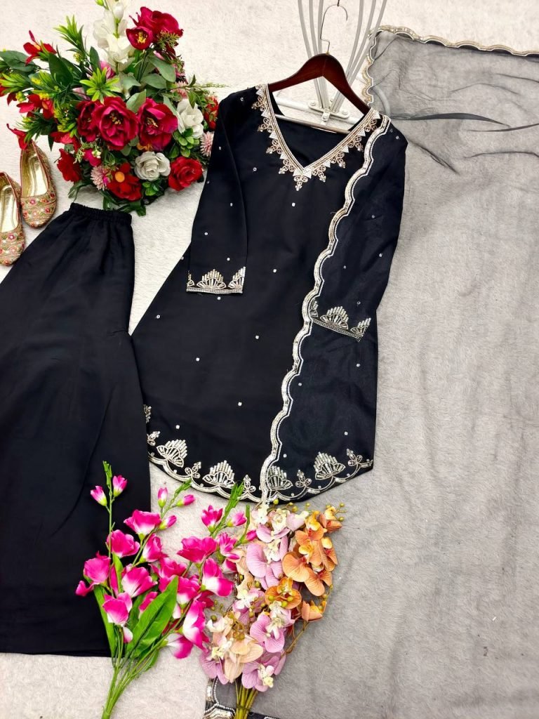 Midnight Black Roman Silk Embroidered Top and Plazzo Set with Matching Dupatta