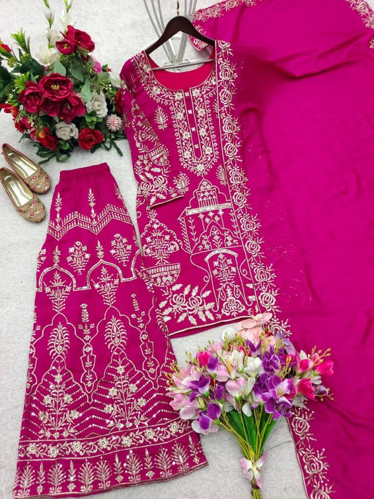 Rani Pink CP Vicitra Silk Embroidered Top and Sharara Set with Matching Dupatta