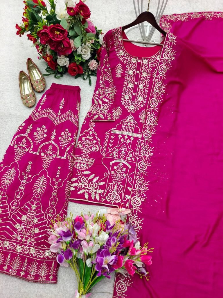 Rani Pink CP Vicitra Silk Embroidered Top and Sharara Set with Matching Dupatta