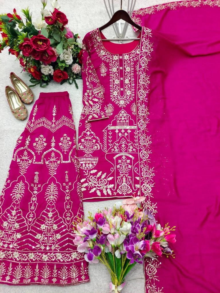 Rani Pink CP Vicitra Silk Embroidered Top and Sharara Set with Matching Dupatta