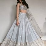 Gray Japan Satin Embroidered Lehenga Choli Set with Butterfly Net Dupatta
