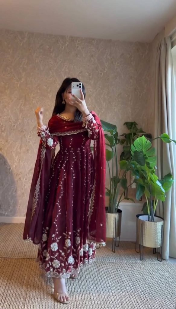 Maroon Fendy Silk Embroidered Anarkali Set with Pant and Border Work Dupatta