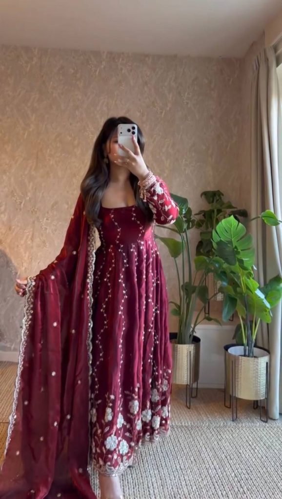 Maroon Fendy Silk Embroidered Anarkali Set with Pant and Border Work Dupatta