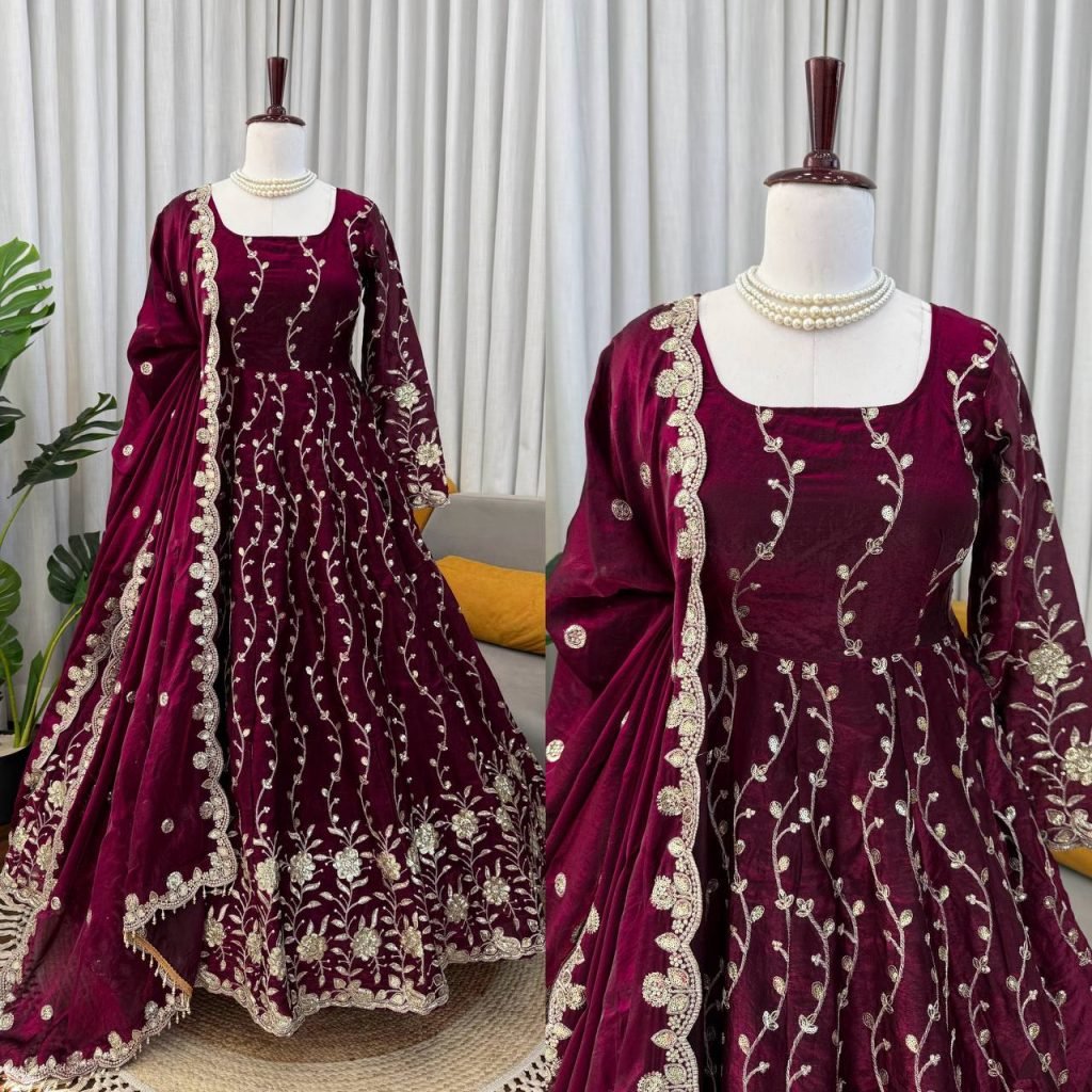 Maroon Fendy Silk Embroidered Anarkali Set with Pant and Border Work Dupatta