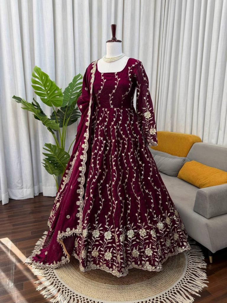 Maroon Fendy Silk Embroidered Anarkali Set with Pant and Border Work Dupatta