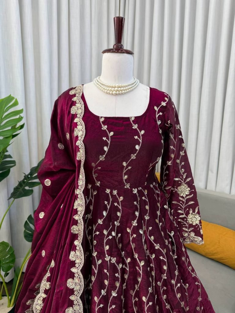 Maroon Fendy Silk Embroidered Anarkali Set with Pant and Border Work Dupatta