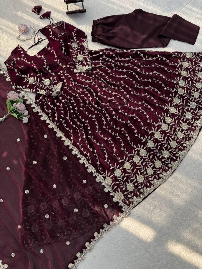 Maroon Fendy Silk Embroidered Anarkali Set with Pant and Border Work Dupatta