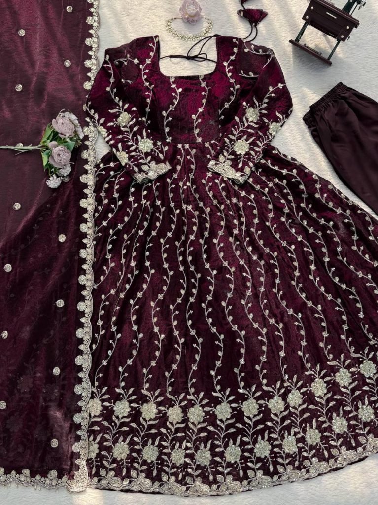 Maroon Fendy Silk Embroidered Anarkali Set with Pant and Border Work Dupatta