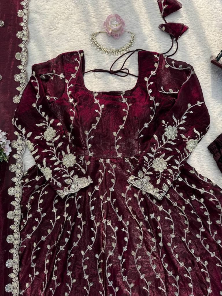 Maroon Fendy Silk Embroidered Anarkali Set with Pant and Border Work Dupatta