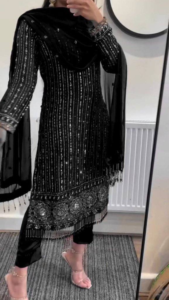 Black Faux Georgette Mirror Work Top with Pant and Embroidered Dupatta