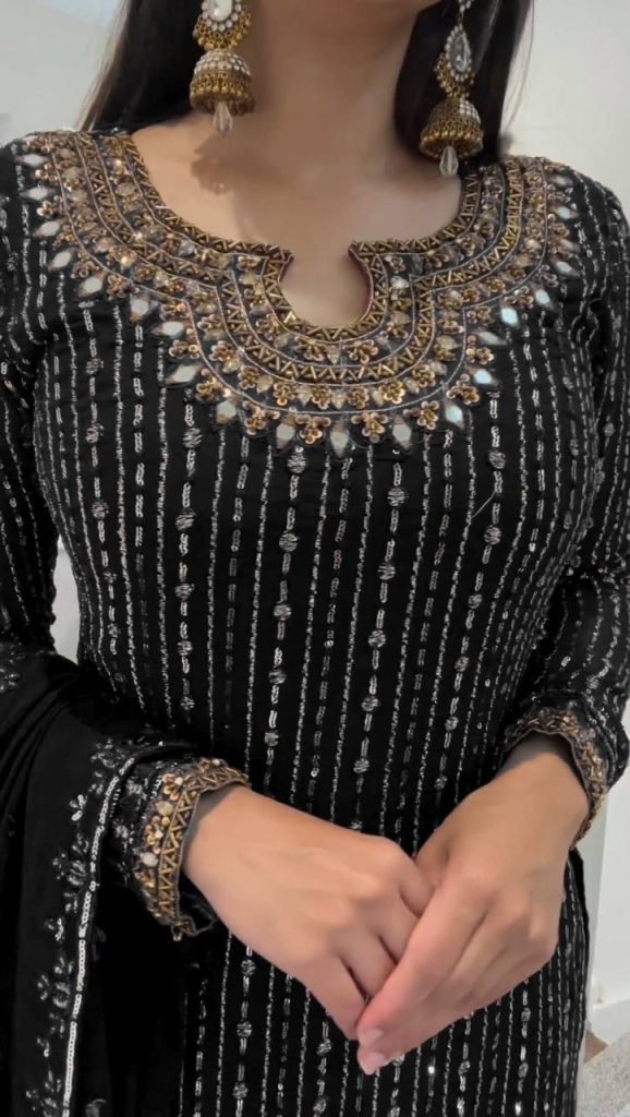 Black Faux Georgette Mirror Work Top with Pant and Embroidered Dupatta