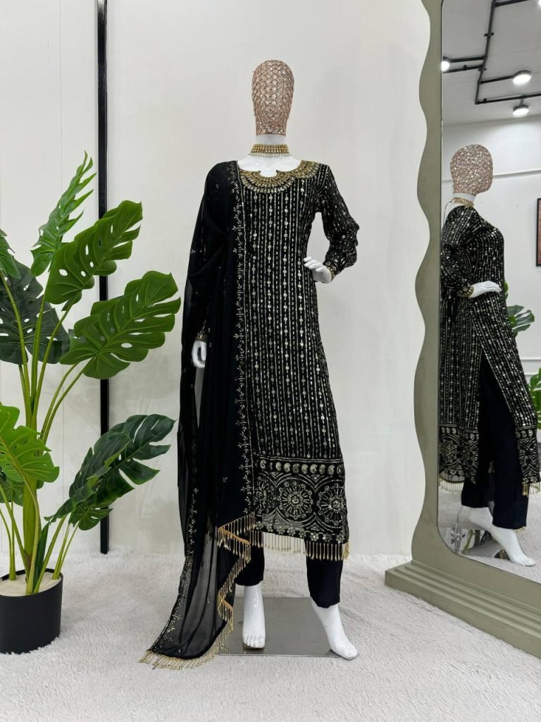 Black Faux Georgette Mirror Work Top with Pant and Embroidered Dupatta