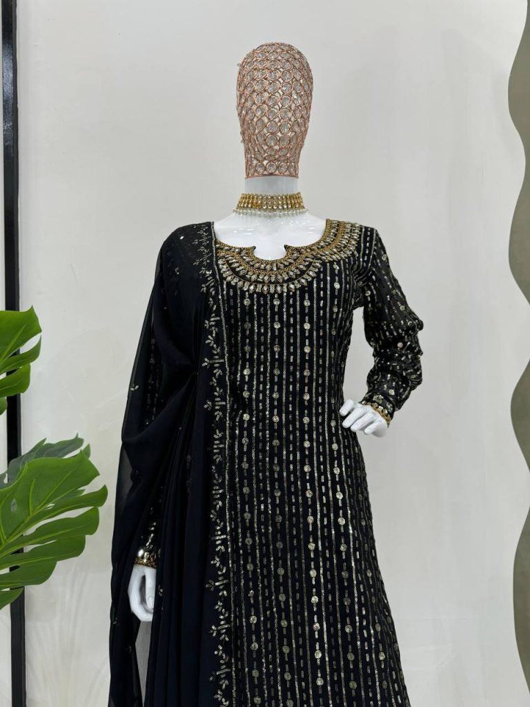 Black Faux Georgette Mirror Work Top with Pant and Embroidered Dupatta