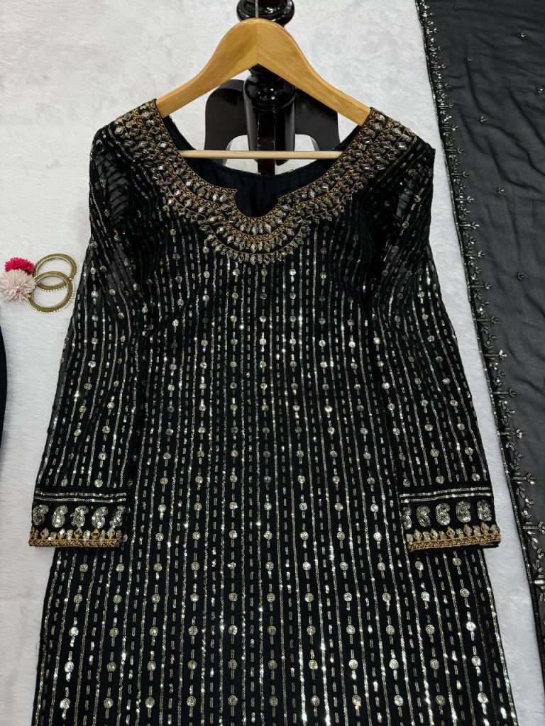 Black Faux Georgette Mirror Work Top with Pant and Embroidered Dupatta