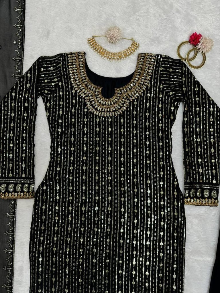 Black Faux Georgette Mirror Work Top with Pant and Embroidered Dupatta