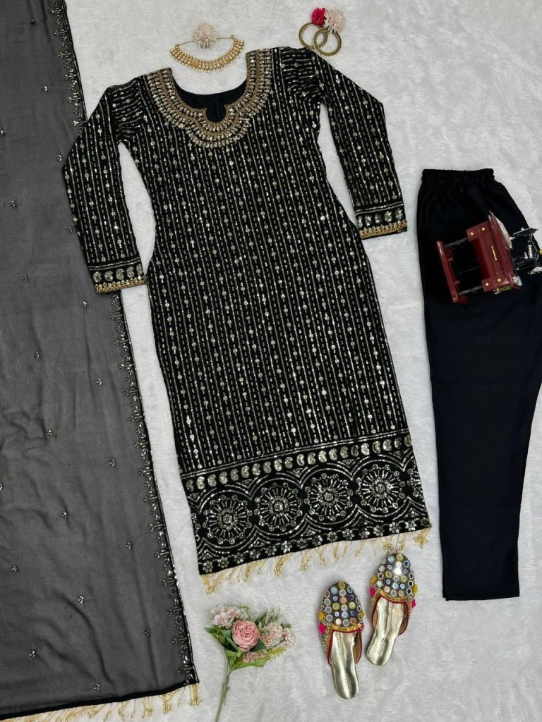 Black Faux Georgette Mirror Work Top with Pant and Embroidered Dupatta