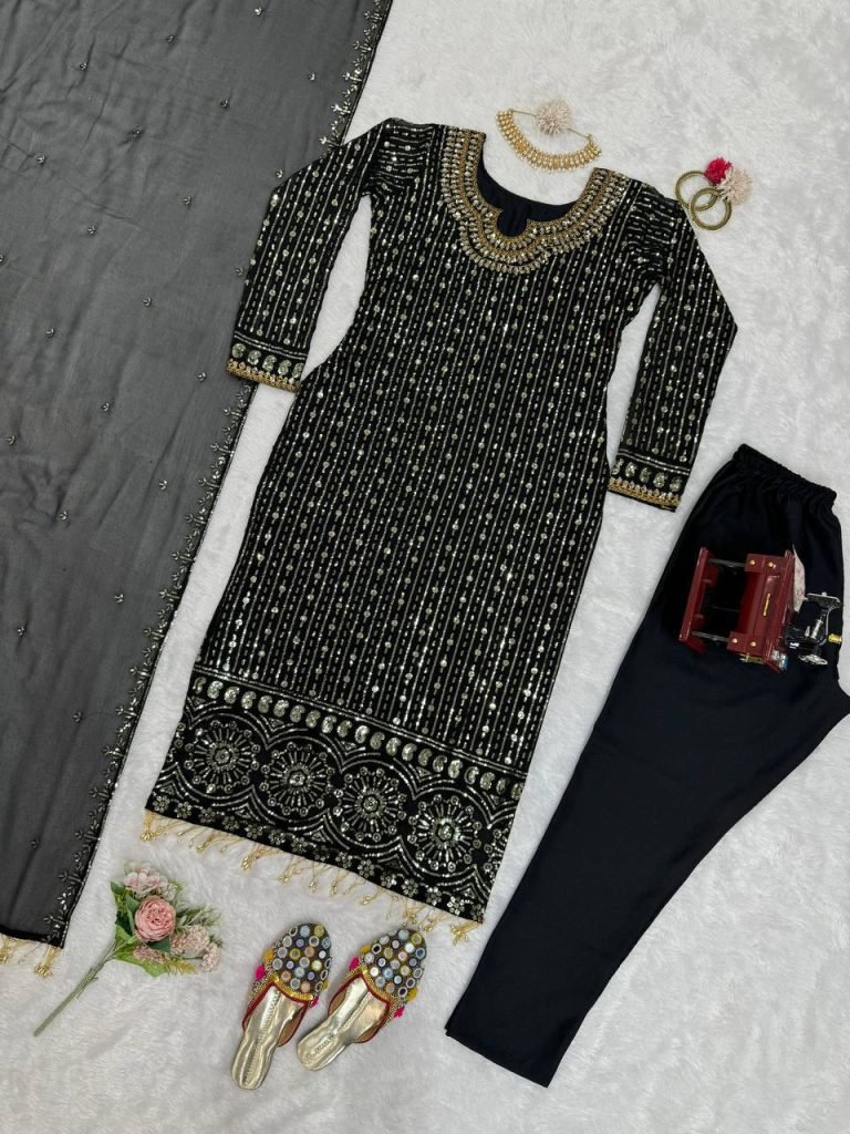 Black Faux Georgette Mirror Work Top with Pant and Embroidered Dupatta