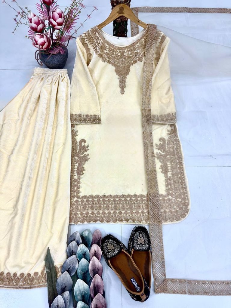 Heirloom Cream Embroidered Viscose Velvet Top with Umbrella Cut Palazzo and Soft Net Dupatta