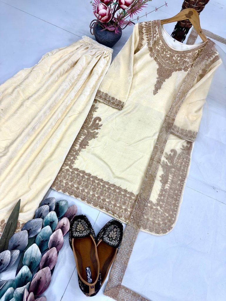 Heirloom Cream Embroidered Viscose Velvet Top with Umbrella Cut Palazzo and Soft Net Dupatta